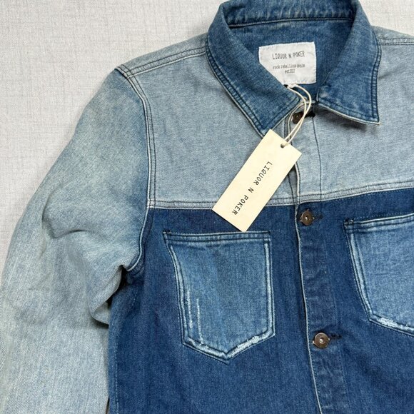 Liquor N Poker Cut and Sew Denim Jacket Colorblock Blue Cotton Size L NWT - Picture 4 of 14